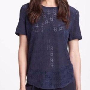 Equipment Femme Navy Blue Lasercut Short Sleeve Blouse Women's Medium